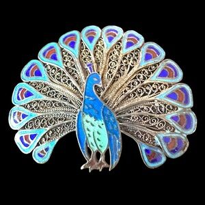 Antique Enamel Peacock Brooch Pin Blue Green